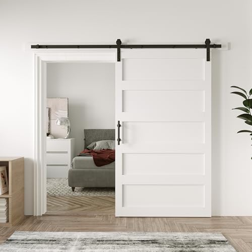 34in x 84in Sliding Barn Door with 6ft Barn Door Hardware Kit & Handle, Pre-Drilled Holes Easy Assembly -Solid Barn Door Slab Covered with Water-Proof PVC Surface, White, 5 Panel