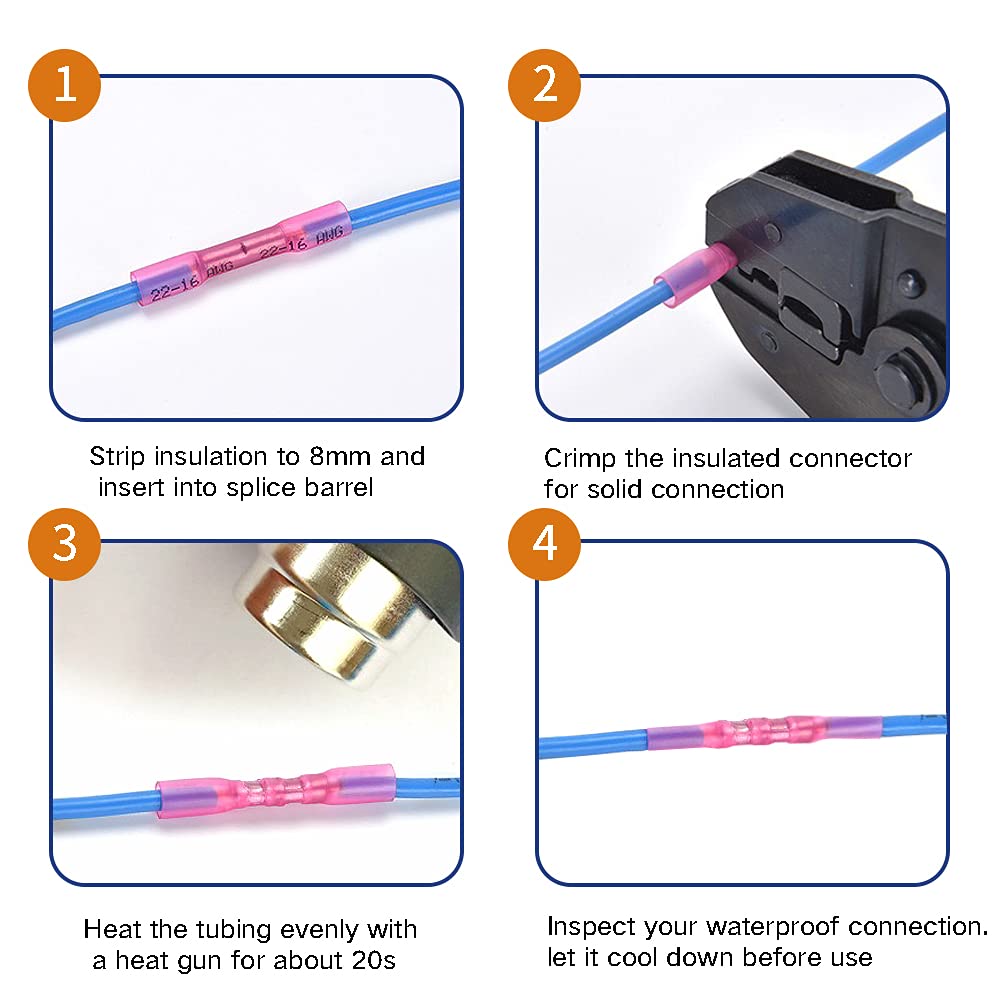 1000 Pcs Blue Heat Shrink Butt Connectors, 16-14 AWG Waterproof Electrical Crimp Wire Splice for Marine, Cable, Wiring