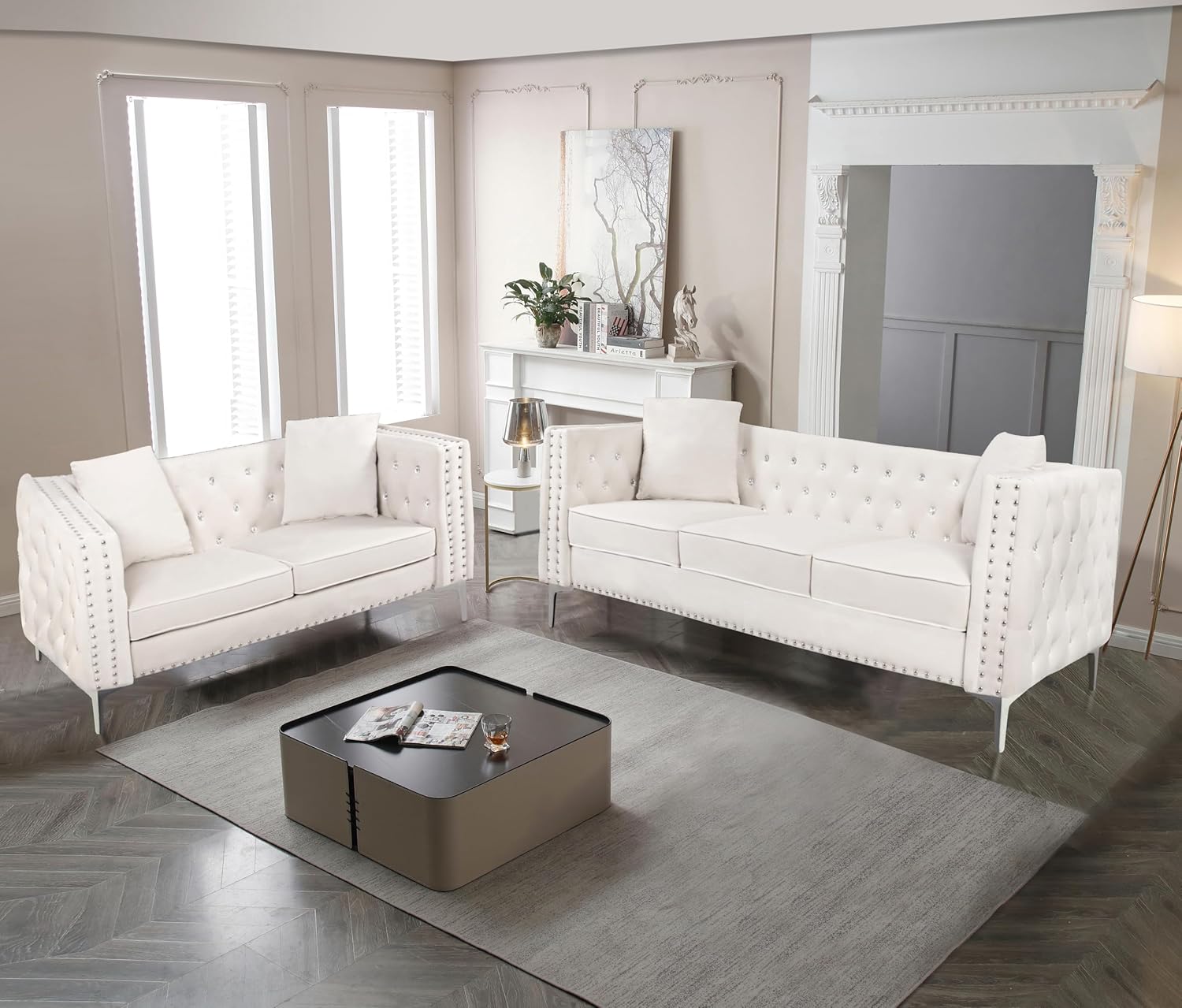 2 Piece Modern Velvet Living Room Set with Sofa and Loveseat,Jeweled Button Tufted Copper Nails Square Arms,4 Pillows Included,Beige,4 colors