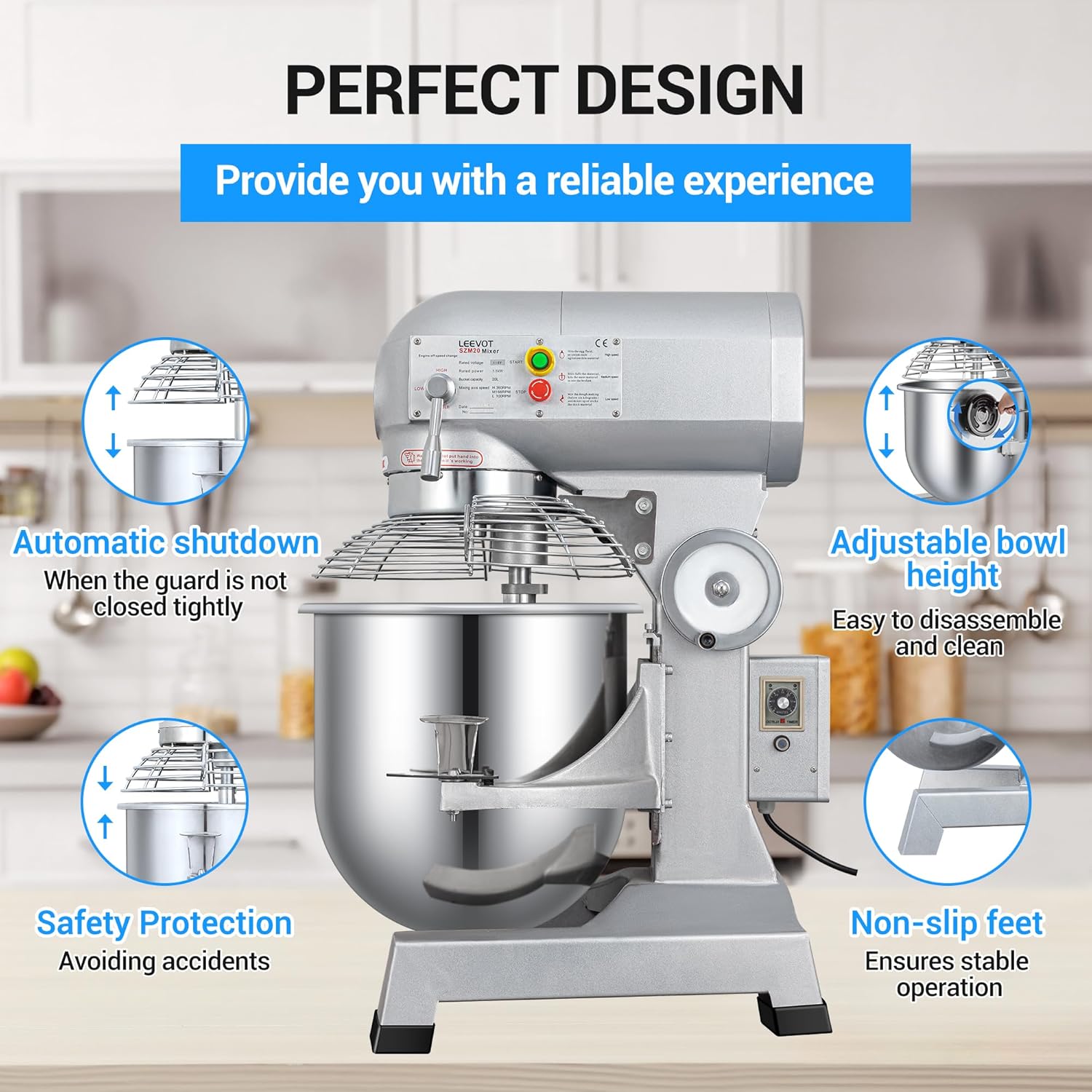 20Qt 1100W Commercial Food Mixer, Commercial mixer 3-Speed Adjustable Heavy Duty Stand Mixer with Stainless Steel Bowl for Bakery Pizzeria. (Standard)