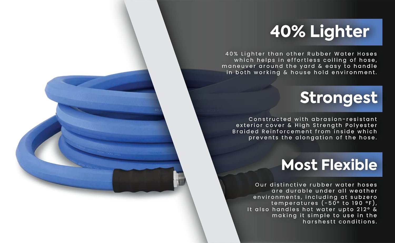 AG-LITE BSALONE100 1" x 100' Hot/Cold Water Rubber Garden Hose, 100% Rubber, Ultra-Light, Super Strong, 500 PSI, -50F to 190F Degrees, High Strength Polyester Braided, 2x Water Flow