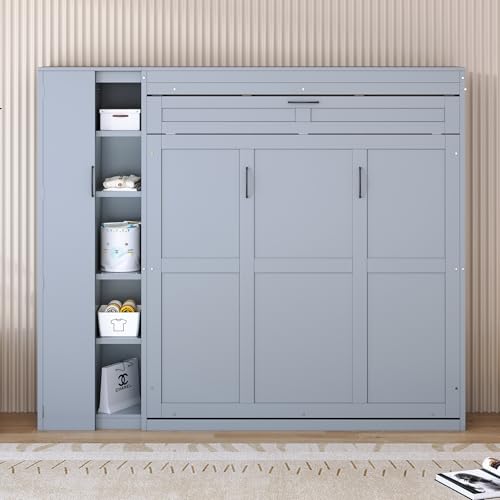 Harper & Bright Designs Queen Size Murphy Bed Wall Bed with Storage Shelves, Wardrobe and LED Lights, Space-Saving for Multipurpose Guest Room or Home Office, Gray