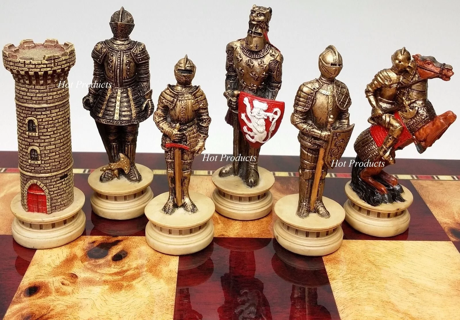 Medieval Times Crusades Gold &Silver Armored Knights Chess Set W/ 18 High Gloss Cherry &Burlwood Color Board