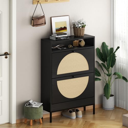 Rattan Shoe Cabinet, Shoe Storage Cabinet with 2 Flip Drawers, Hidden Shoe Storage, Slim Shoe Closet, Sneaker Storage, Shoe Organizer for Entryway, Hallway, Living Room,Black