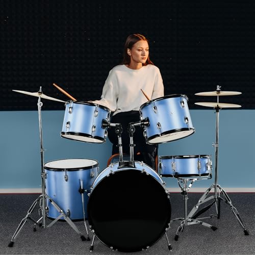 Ktaxon 22 Inch Adult Drum Set, 5-Piece Full-Size Drums Kit with Cymbal Stands, Hi-hat Stand, Sticks, Drum Pedal, Stool & Floor Tom for Beginner Teens Student (Blue)