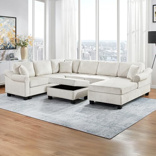 Oversized U-Shaped Sectional Sofa Couch Plush Corduroy Upholstered Modular Deep Seat Sofa&Couch Sectional W/Right Facing Chaise Lounge and 7 Toss Pillows for Home Apartment Living Room Furniture Sets