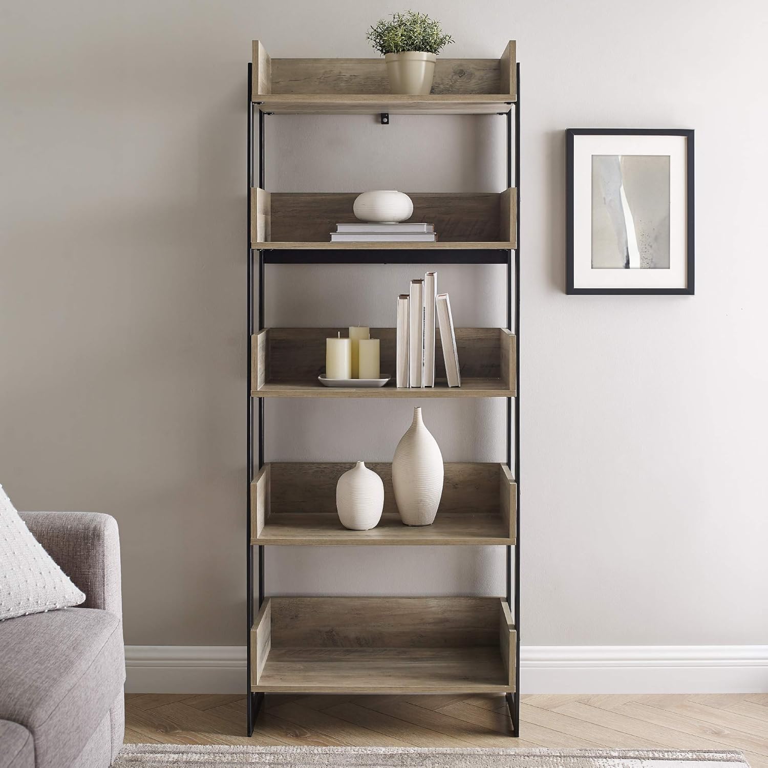 Walker Edison Addison Urban Industrial Metal and Wood 5-Shelf Bookcase, 64 Inch, Grey Wash