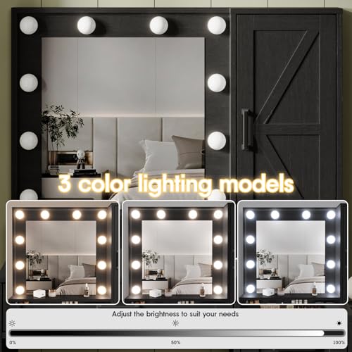 Fameill Vanity Desk with Mirror and Lights,Small Make up Vanity with Chair and Outlet,Makeup Table with Jewelry Cabinet, Bedroom Vanity with 2 Drawers, 3 Lighting Colors,36.4 inch,White