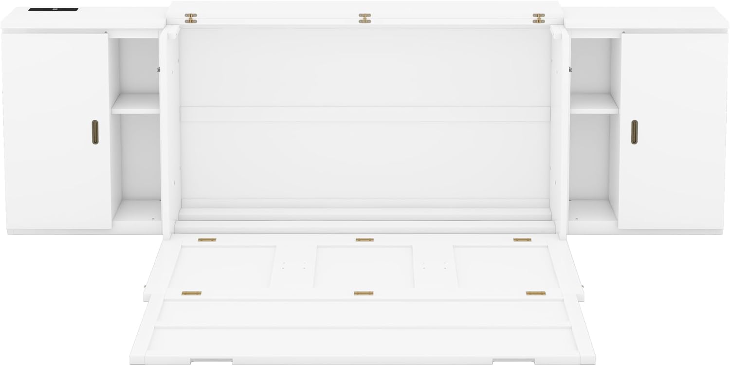 Queen Size Murphy Bed with Shelves and Cabinets,Murphy Wall Bed Queen with USB Ports,Queen Murphy Bed Cabinet for Kids,Boys,Girls,Adults,Bedrooms, Children's Rooms, Space Saving,White
