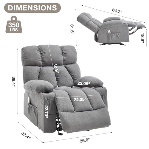 Massage Rocker Recliner Chair with Heat and Vibration Ergonomic Rocking Lounge Chair for Living Room Comfy Overstuffed Recliner with 4 Side Pockets,2 Cup Holders, USB Charge Port, Grey