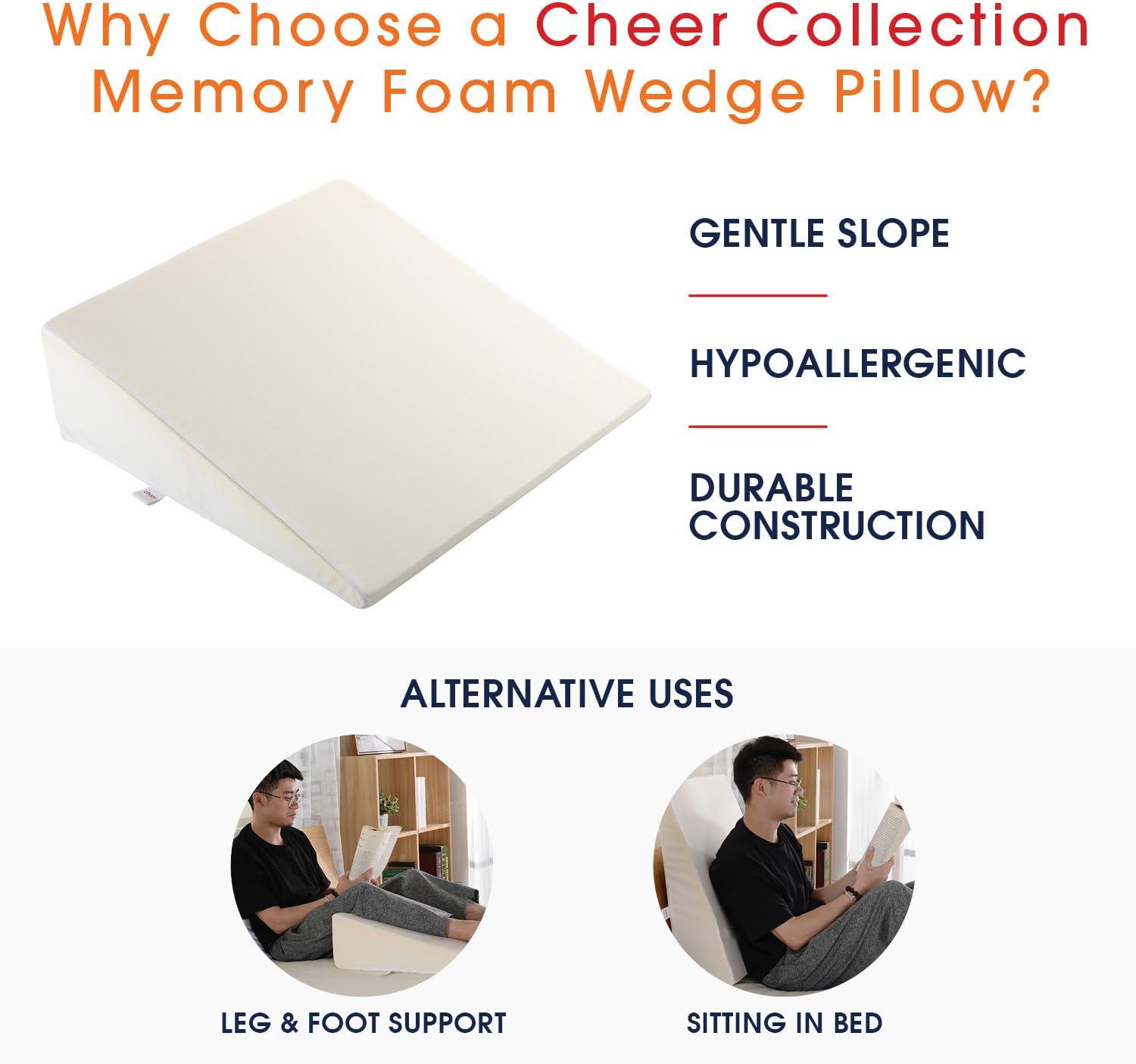 Cheer Collection Acid Reflux Bed Wedge Pillow for Sleeping Gentle Incline Cushion to Elevate and Support Head and Back (25" x 25" x 6.5")