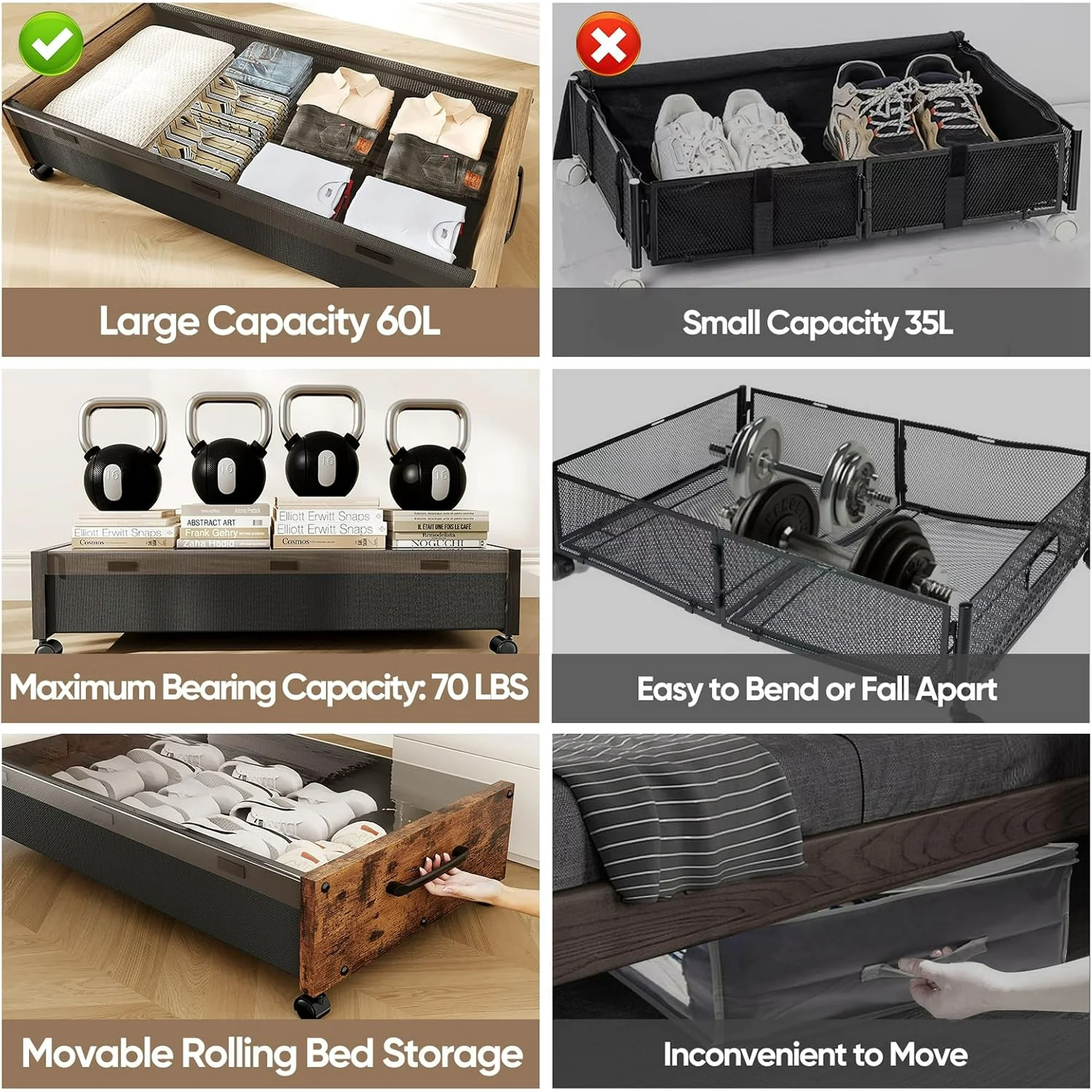 Wooden Under Bed Storage with Wheels, 80L Extra-large Rolling Under the Bed Storage Bins 2 Pack with Removable Lid, Upgrade Metal Under Bed Drawers for Clothes Shoes Blankets in Bedroom