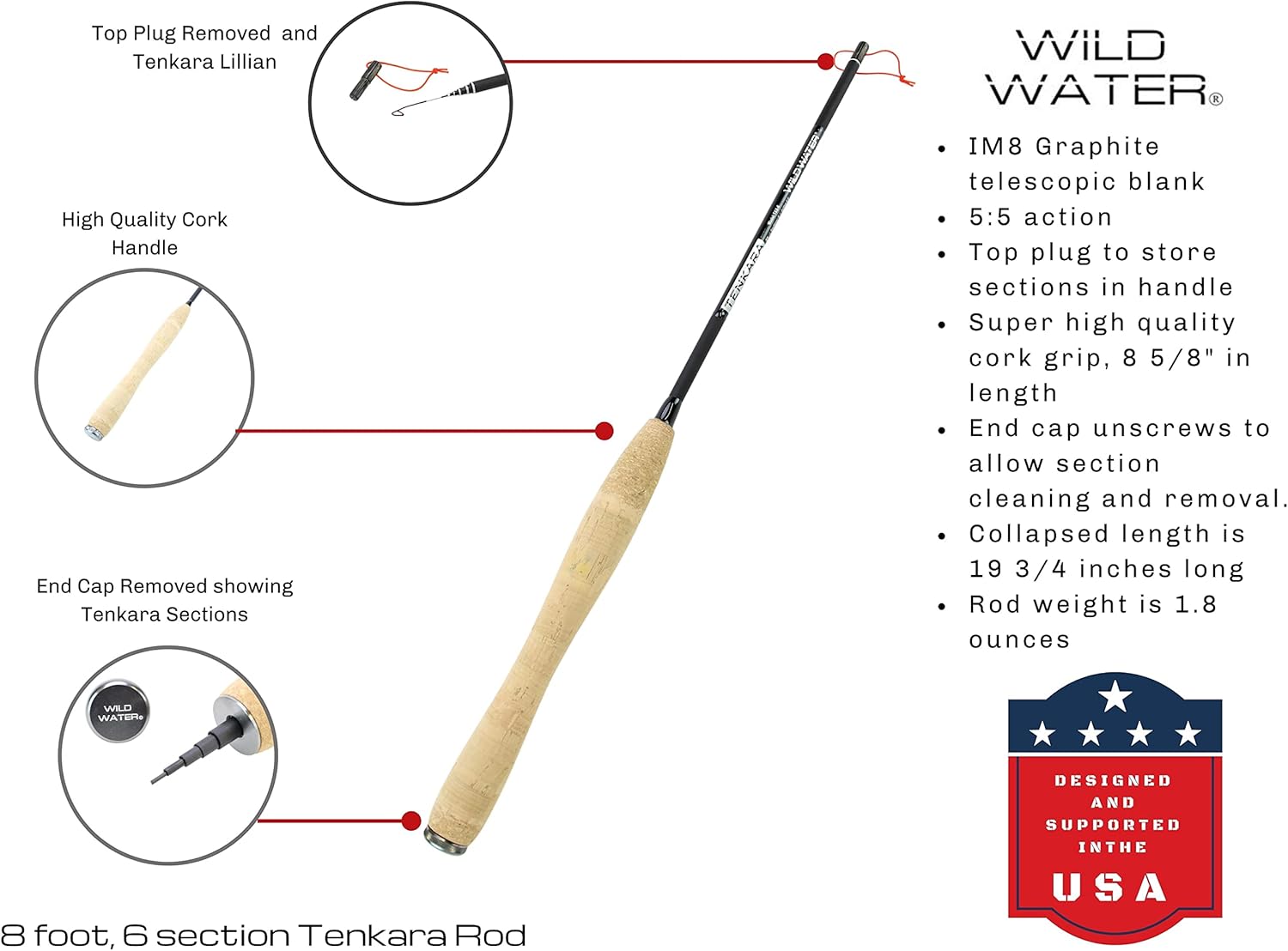 Wild Water Fly Fishing 8' Tenkara Fly Rod Complete Combo Starter Package with Flies