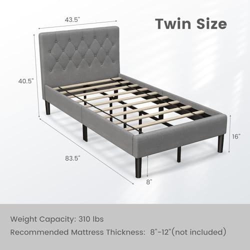 Giantex Twin Bed Frames for Kids, Modern Upholstered Platform Bed with Button Tufted Headboard, Wooden Slats Support Mattress Foundation, No Box Spring Needed, Kids Twin Bed for Girls Boys, Grey