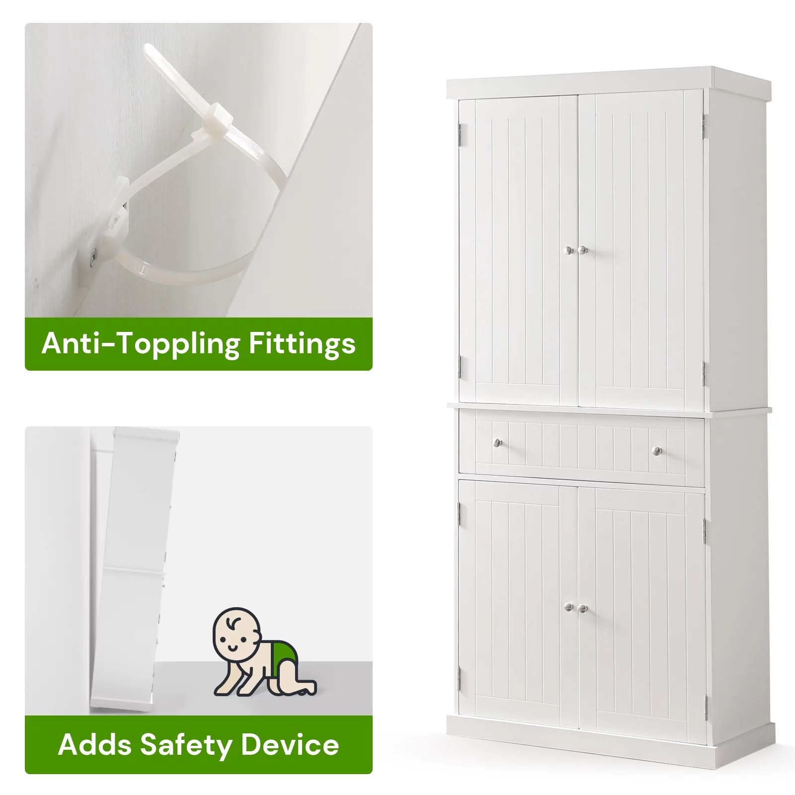 SunsGrove Kitchen Pantry Cabinet Tall Freestanding Storage Cupboard with Doors and Adjustable Shelves for Kitchen, Living Room, Dining Room, White