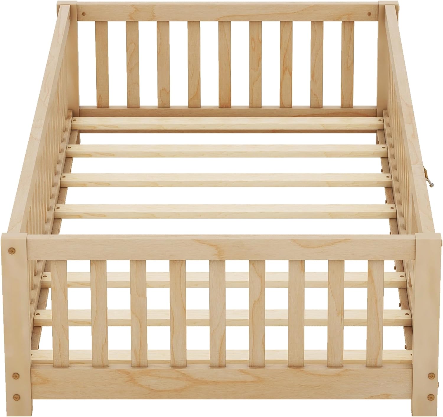 VOXIV Twin Size Montessori Floor Bed,Twin Size Floor Bed with Door and Fence, Floor-Bed-Frame for Children Bedroom,Toddlers, Boys Girls,Easy Assembly,Natural