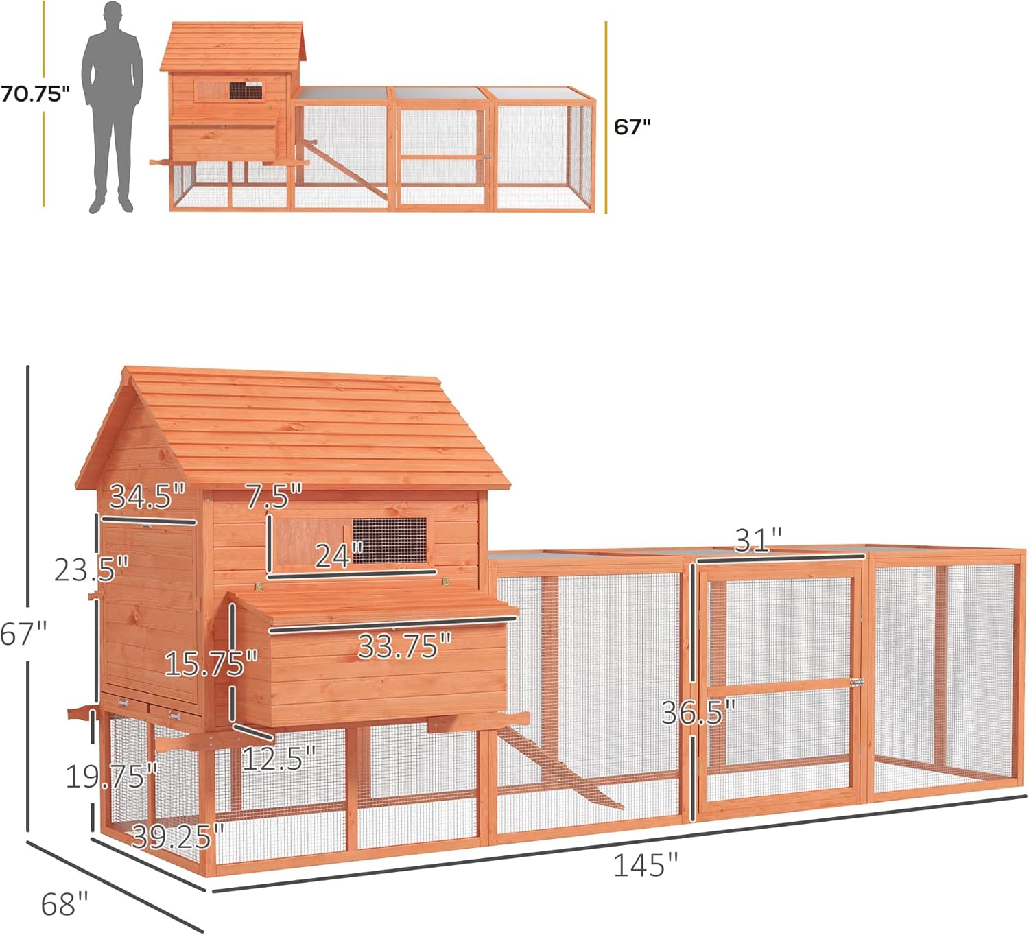 PawHut 145" Chicken Coop Large Chicken House Rabbit Hutch Wooden Poultry Cage Pen Garden & Backyard with Run & Inner Hen House Space