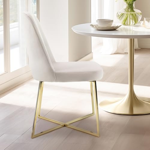 Well Woven Rachelle Velvet Modern Accent Chairs Set of 2 - Ivory Comfy Seat with Gold Metal Legs - Perfect for Living Room, Bedroom, Office, Dining Room