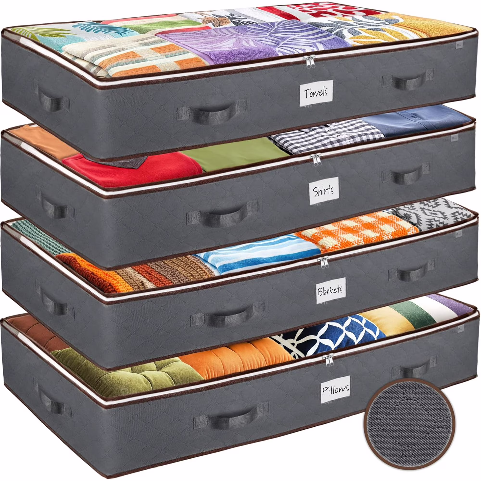 Under Bed Storage Bins - Pack Of 4 Under The Bed Storage Containers For Clothes, Blankets, Winter Clothing, &amp; Shoes - Underbed Storage Containers With Handles, Dual Zippers, &amp; Clear Top