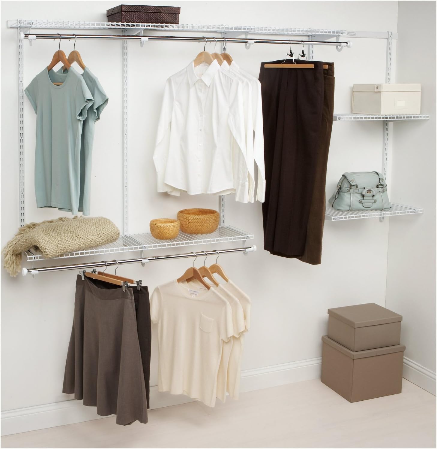 Rubbermaid FastTrack Closet Kit, White, 6-10 Ft., Wire Shelving Kit with Expandable Shelving and Telescoping Rods, Custom Closet Organization System, Easy Installation
