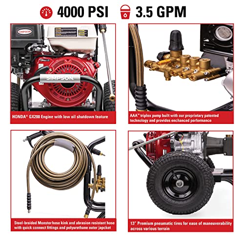 Simpson 61014 3500 PSI at 2.5 GPM Honda GX200 with AAA AX300 Axial Cam Pump Cold Water Professional Gas Pressure Washer PS61002-S