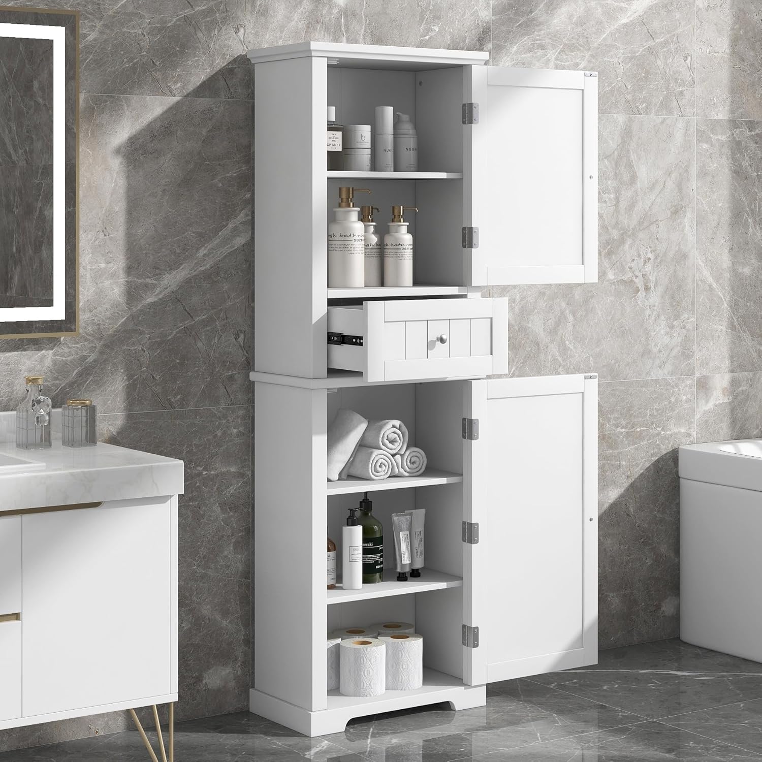 DofFo 67.3“ Tall Linen Bathroom Storage Cabinet, Modern Linen Cabinet Freestanding with 2 Doors and 1 Drawer, Bathroom Organizers Storage, Shelves for Bathroom, Living Room, Anti-Tipping, White