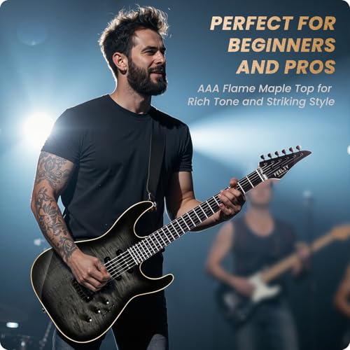 39" Solid Body Electric Guitar: Electric Guitar Kit with Bone Nut, Full Size 6 String Guitars with 24 Frets, Poplar Body AAA Flame Maple Top, Guitarra Electrica with HSS Ceramic Pickup,Black