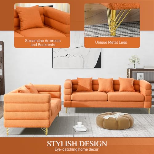 Living Room Sofa and Loveseat Set, Modern Overstuffed Boucle Sherpa Deep Seat Cloud Couch with 5 Pillows, Oversized Chesterfield Furniture Sets for Living Room Bedroom, Dark Green Teddy