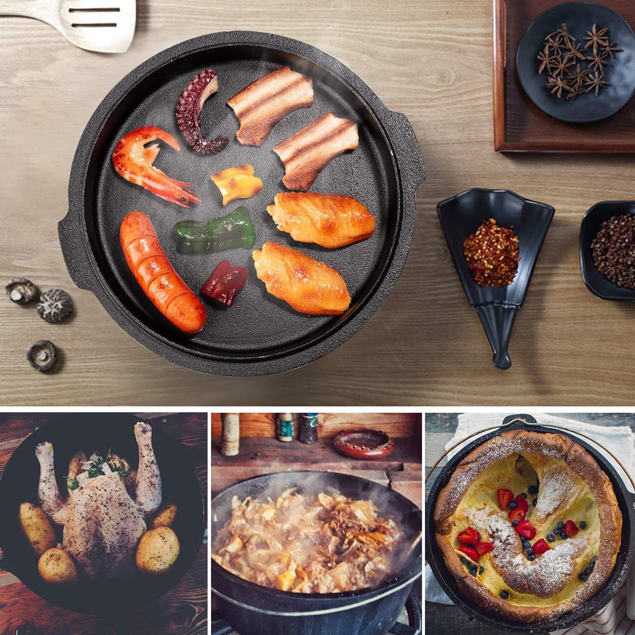 Overmont Camp Dutch Oven Pre Seasoned Cast Iron Lid Also a Skillet Casserole Pot with Lid Lifter for Camping Cooking BBQ Baking 9QT(Pot+Lid)