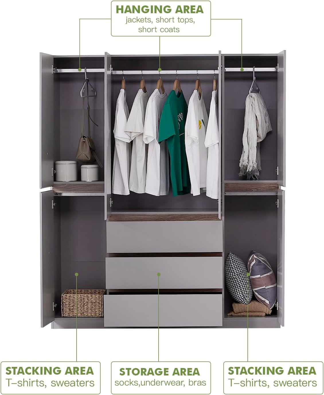 Wooden Armoire Wardrobe Closet, 4-Door 3 Drawers Gray Closet Cabinet for Large Capacity, Armoires and Wardrobes Closet for Hanging Clothes with Hanging Rod 63" L x 20.3" W x 72" H