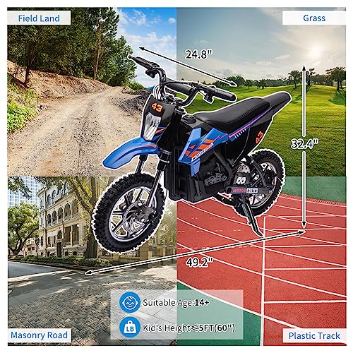 36V Electric Dirt Bike for Kids, Ride on Motorcycle 500W Brushed Motor Variable Speed to 15.5MPH with LED Headlight, Leather Seat,Chain-Driven for Teens Max Load 175lbs,Blue