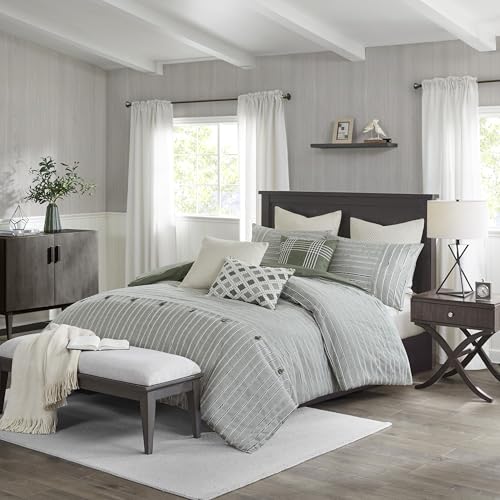 Madison Park King Comforter Set Clipped Jacquard Stripes with Buttons Boho Comforter for a King-Size Bed, Cotton Oversized Comforters with Removable Cover Boho Bedding, King Ivory 9 Piece