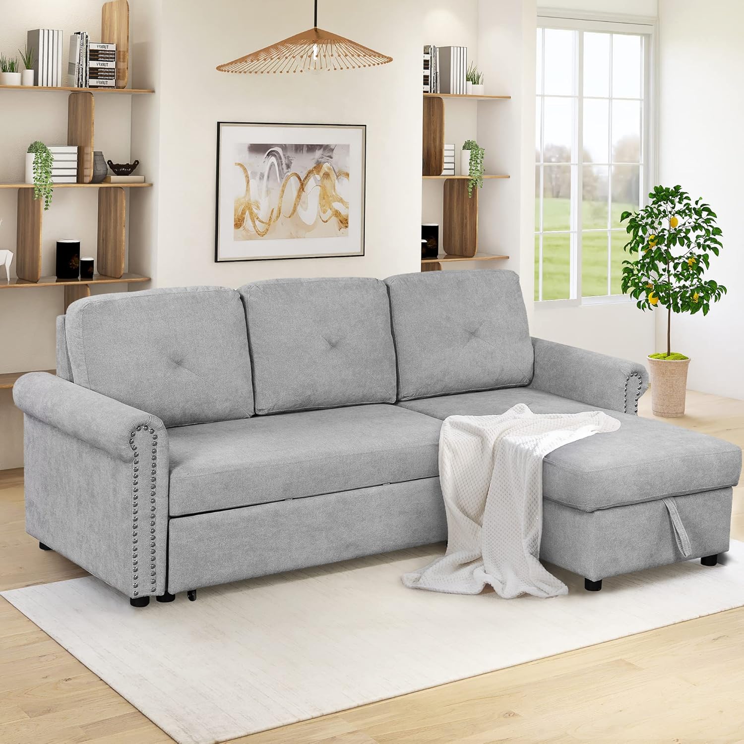 NicBex Pullout Couch Bed Modular Couch Convertible Chair to Bed Modern Convertible Sleeper Sofa Bed with Storage Chaise Suitable for Apartments, Dormitories, Studios, Offices, Gray