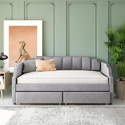 Twin Daybed with Storage - Upholstered Daybed with 2 Drawers and Arched Frame Design, Velvet Daybed with Horizontal Tufting and Nailhead Trim Detail, Storage Daybed for Bedroom (Gray)