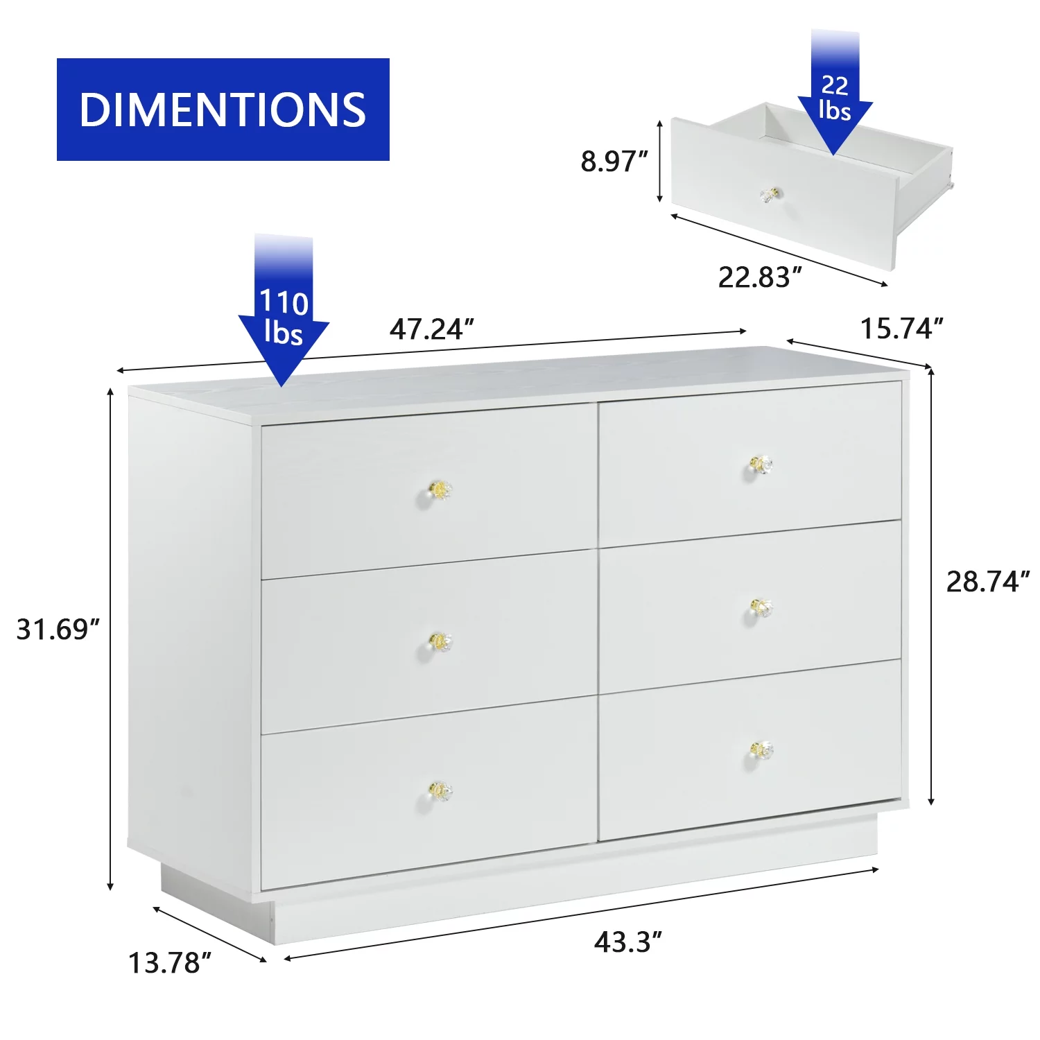 4 EVER WINNER Dresser with LED Light for Bedroom, White 6 Drawers Dresser, Modern Storage Cabinet Chest of Drawer for Bedroom, White