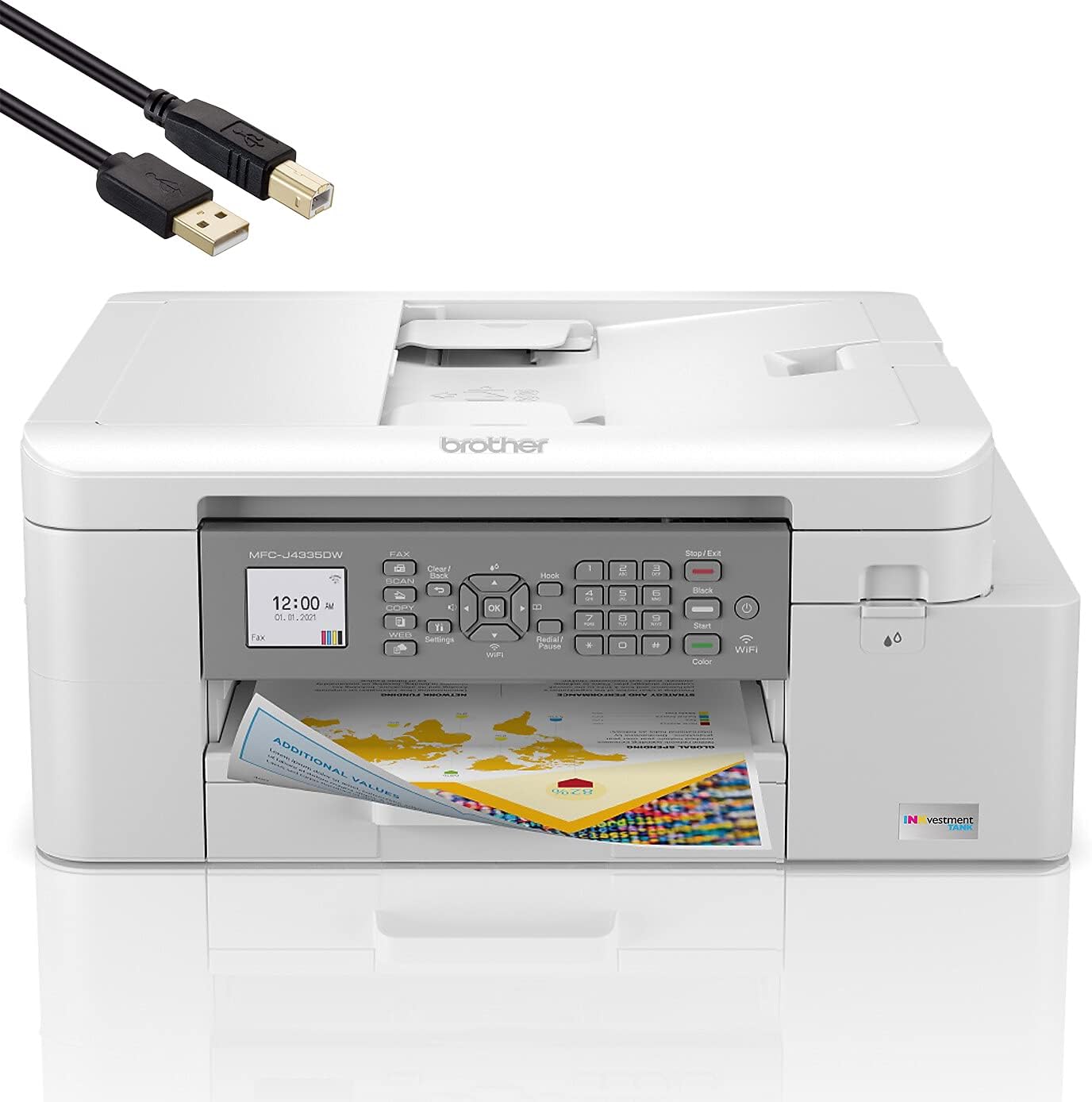 Brother MFC-J4335DWA INKvestment Tank All-in-One Wireless Color Inkjet Printer, Silver - Print Copy Scan Fax - 20 ppm, 4800x1200 dpi, 8.5x11 Letter, Auto Duplex Printing, BROAGE Printer Cable