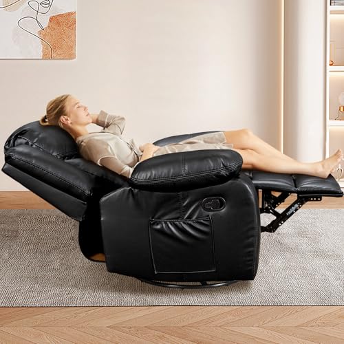 Recliner Chair, PU Leather Recliners with Massage and Heating, 37" Width Reclining Chair Sofa for Living Room, Bedroom, Nursery, Manual Recliner Chairs for Reading/Nap/Relax/Casual（Air Leather, Black）