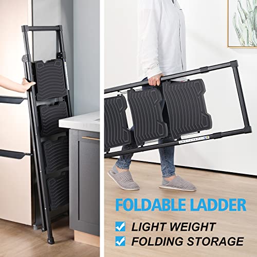 KINGRACK 5 Step Ladder with Tool Platform, Sturdy Step Stool with Handrail, Folding Steel Ladder with Wide Pedal, Safety Ladder for Adults Home Outdoor Painting Garage