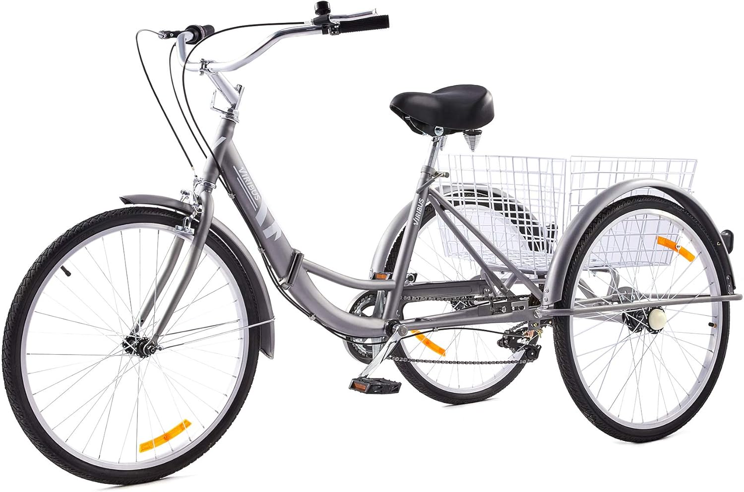 Viribus 26 Adult Folding Tricycle 1 Speed High Carbon Steel Three Wheeled Trike with Large Rear Basket Adjustable Spring Saddle Rubber Tires Bell Reflectors