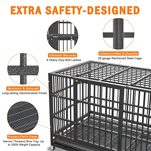54/48/42/38 inch Heavy Duty Indestructible and Escape-Proof Dog Crate Cage Kennel for Large Dogs, High Anxiety Dog Crate with Removable Wire Trays and Wheels, Extra Large XL XXL