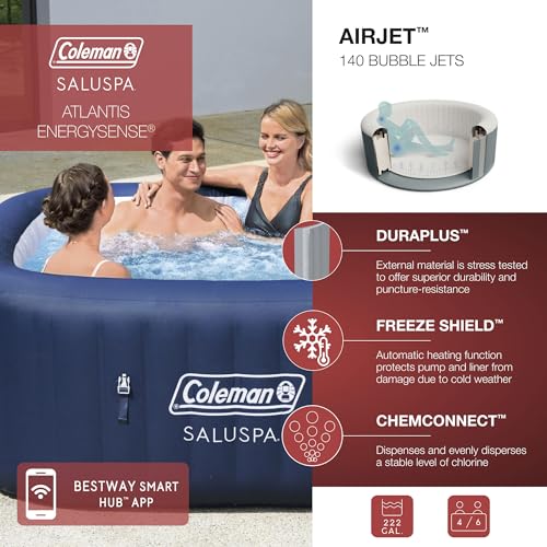 Coleman SaluSpa AirJet 4 to 6 Person Inflatable Hot Tub Square Portable Outdoor Spa with 140 Soothing AirJets and Insulated Cover, Gray