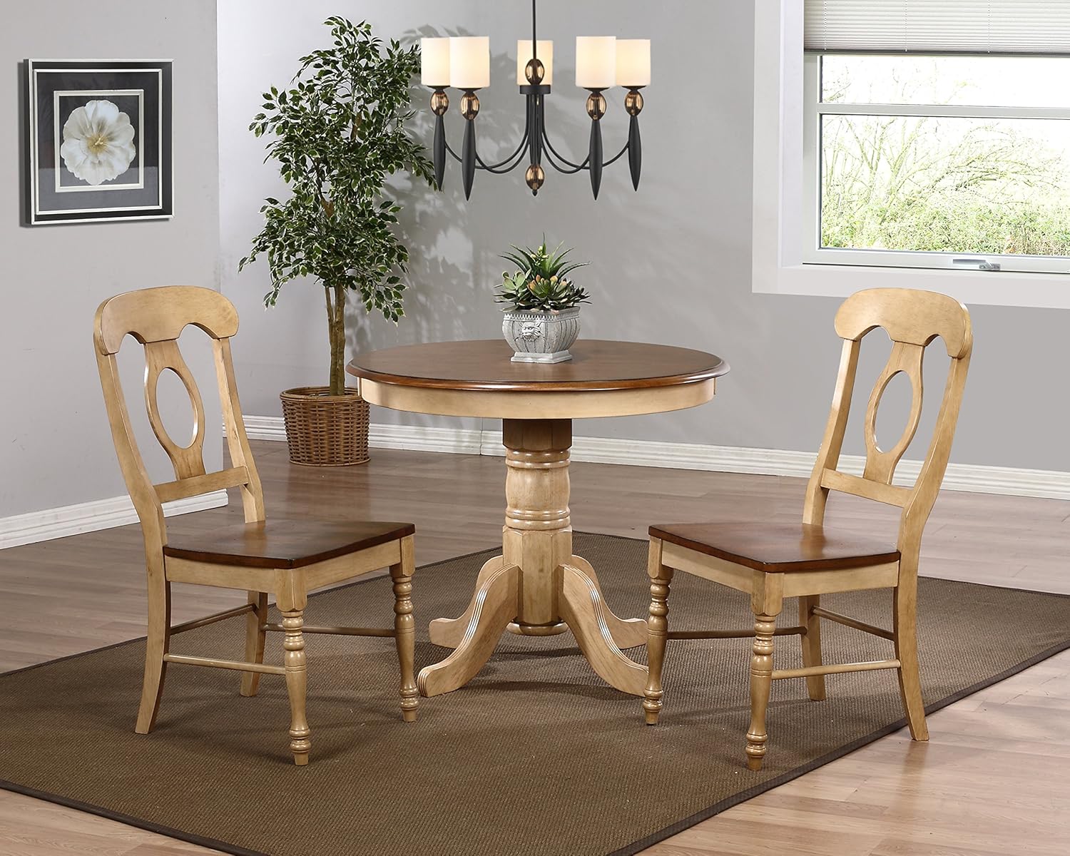 Sunset Trading Brook Round Pedestal Dining Table, Distressed Two Tone Light Creamy Wheat with Warm Pecan Brown