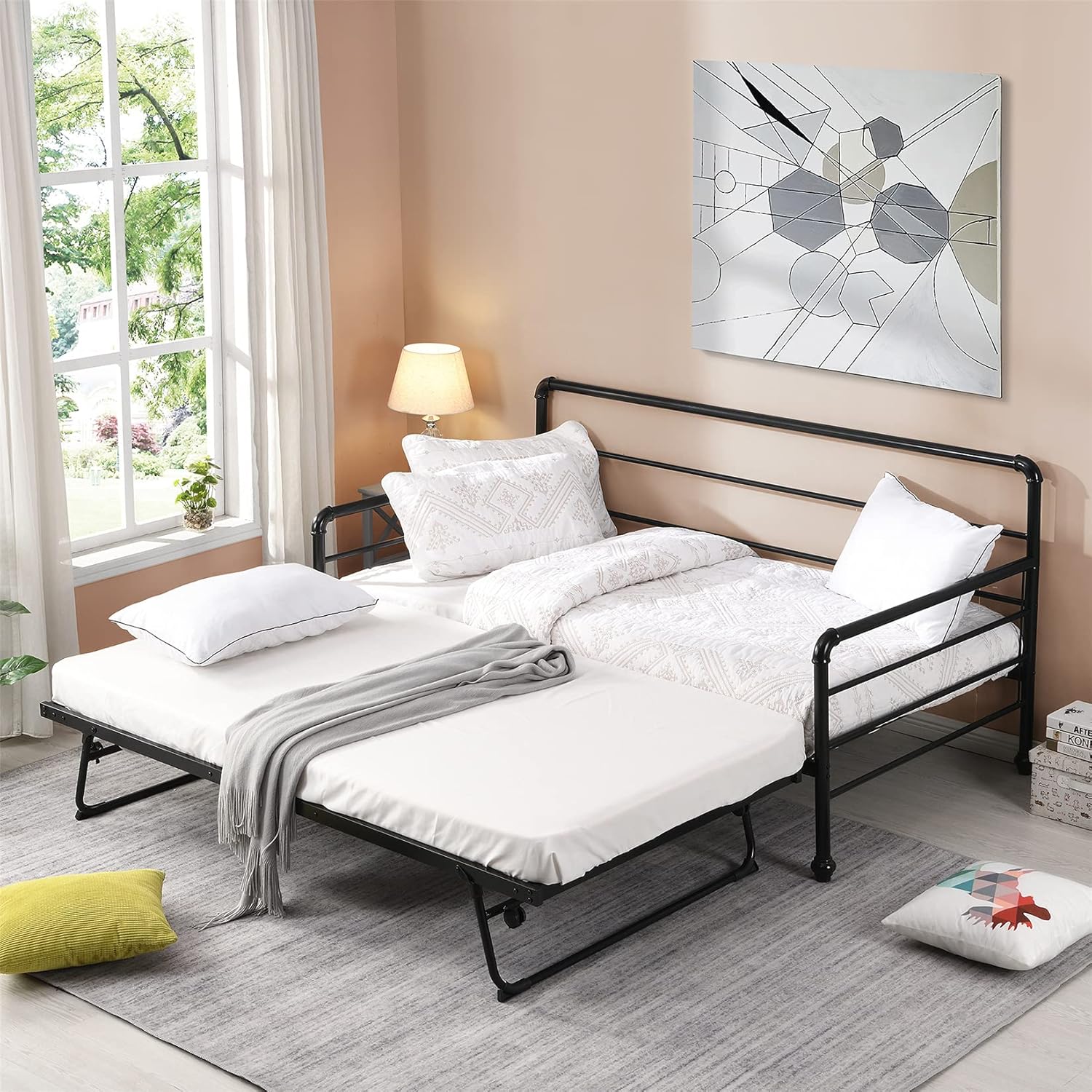 Metal Daybed with Trundle, Twin Size Day Bed Frame with Pullout Trundle, Heavy-Duty Daybed for Living Room Bedroom Kids Teens and Adults, Black