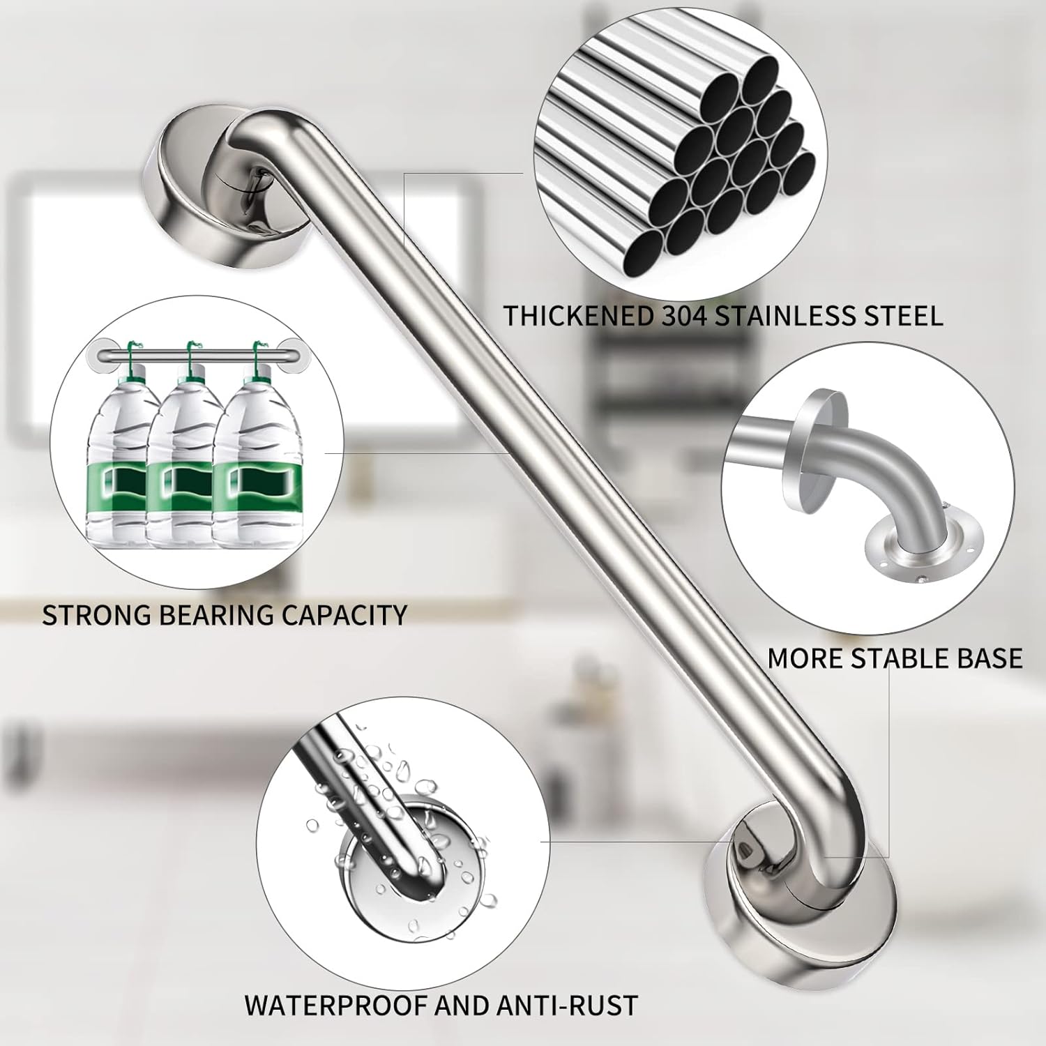 18 Shower Grab Bar, 2 Pack Brushed Nickel SUS304 Safety Bathroom Grab Bars with Concealed Screws, 500lbs Support Assist Bath Handle Balance Bar for Handicap Elderly Pregnant Pack of 2