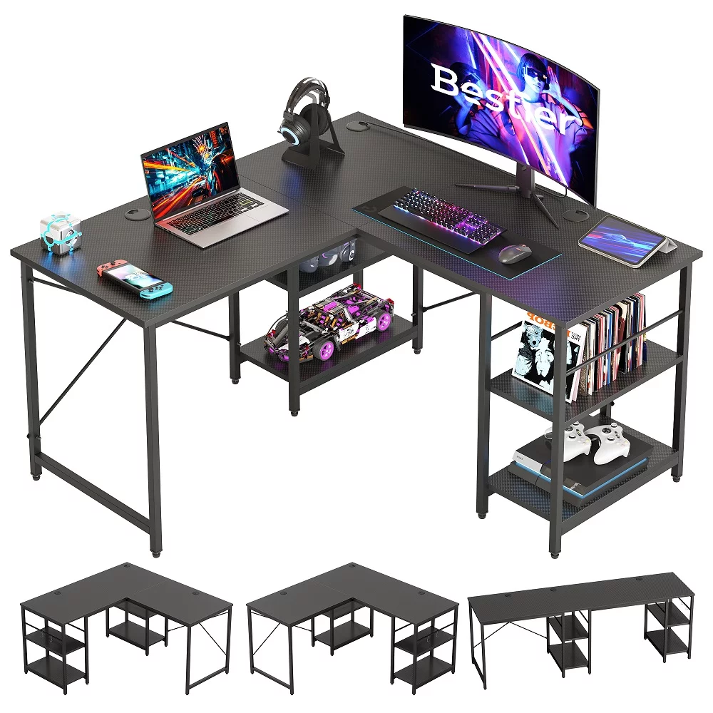 Bestier 86.6 inch L-Shaped Reversible Computer Desk Long Table with Shelves Carbon Fiber Black