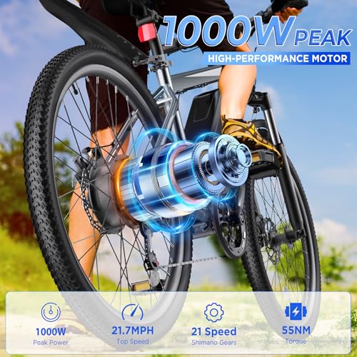 Electric Bike for Adults, 26'' 1000W Peak Ebike, Up to 50 Miles 21.7MPH Electric Mountain Bike with 48V 374.4WH Removable Battery, Adjustable Stem, Fenders, Lockable Suspension Fork, 21-Speed