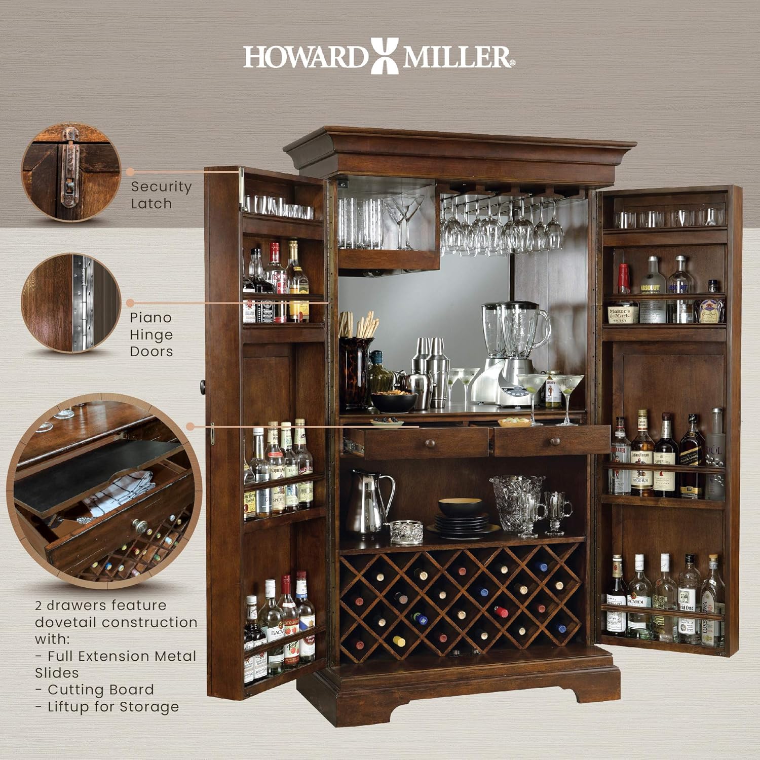 Howard Miller Sonoma II Wine & Bar Cabinet 695-065 – Cherry Bordeaux Finish, Lightly Distressed, Home Liquor Storage, Wooden Stemware Rack, 22 Bottle Wine Storage, Front Locking Doors