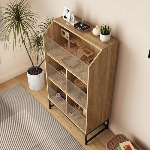 Large Hamster Cage with Storage Cabinet, 3-Tier Small Animals Cages Habitats, Animal House with Openable Top and Easy View Acrylic Panels for Rat, Guinea Pig, Hedgehog, Gerbil (Natural)