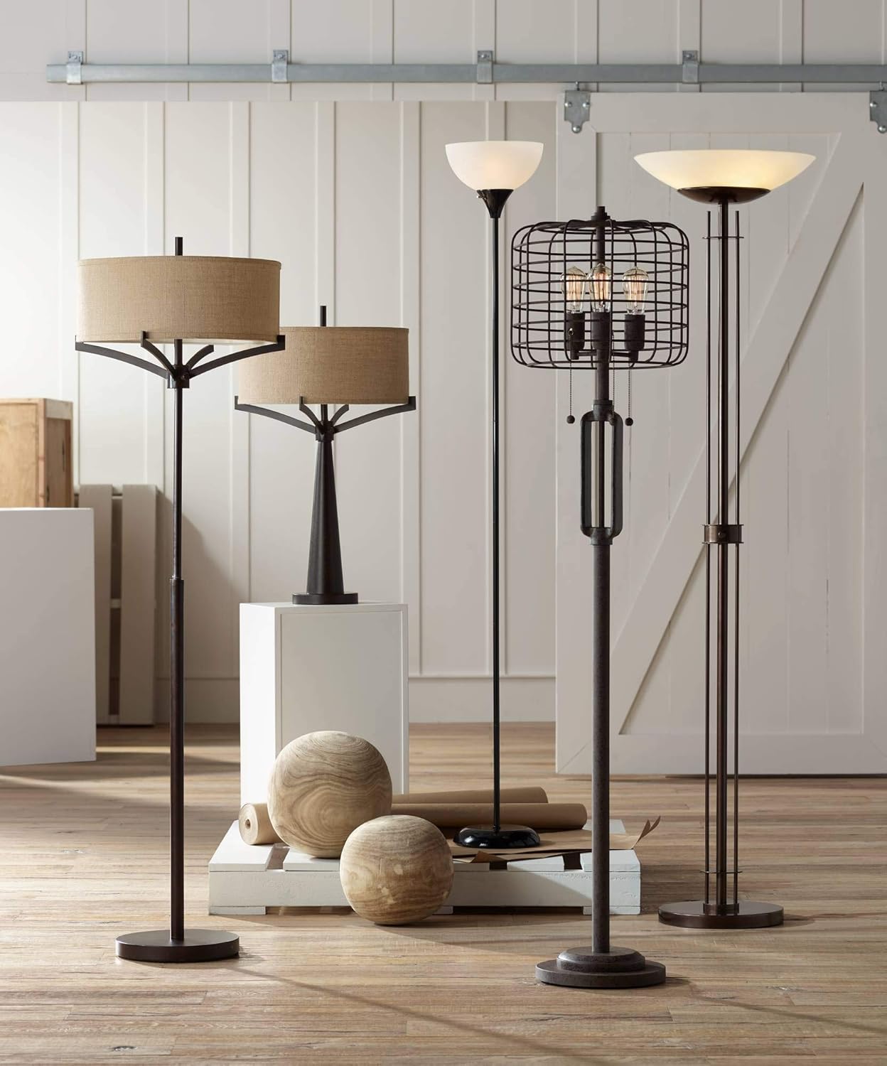 Franklin Iron Works Tremont Modern Mid Century Floor Lamp Standing 62" Tall Deep Bronze Metal Tan Burlap Drum Shade for Living Room Reading Bedroom Office House Home Decor