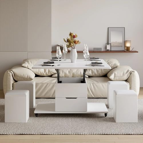homary White Lift Top Coffee Table with Hidden Storage, 3 in 1 Multi-Function Modern Folding Center Table with 4 Stools and Casters